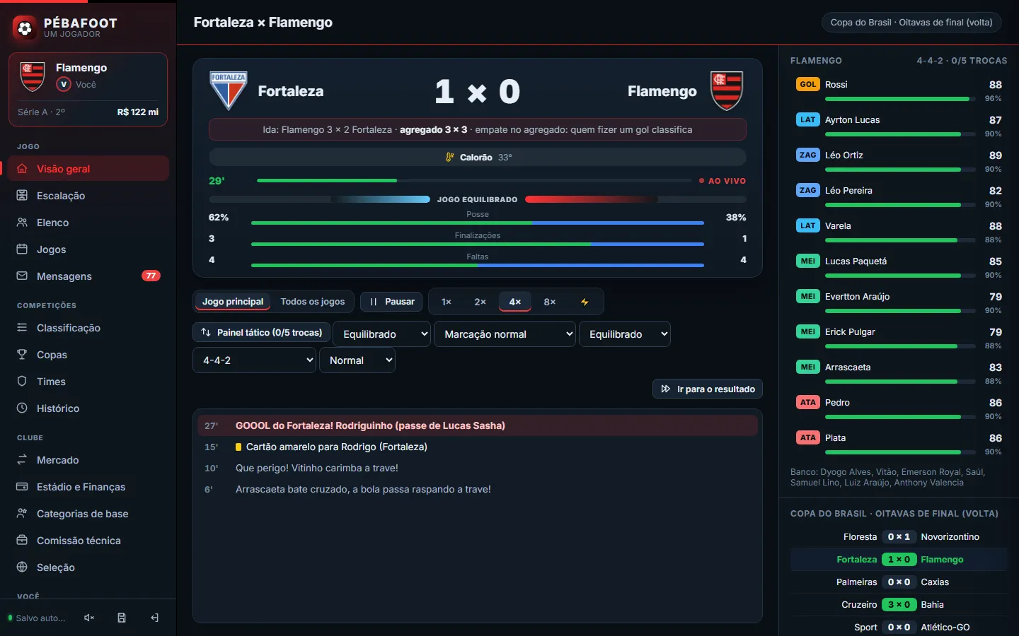 O jogo ao vivo no computador: placar, estatísticas, lances e o time em campo