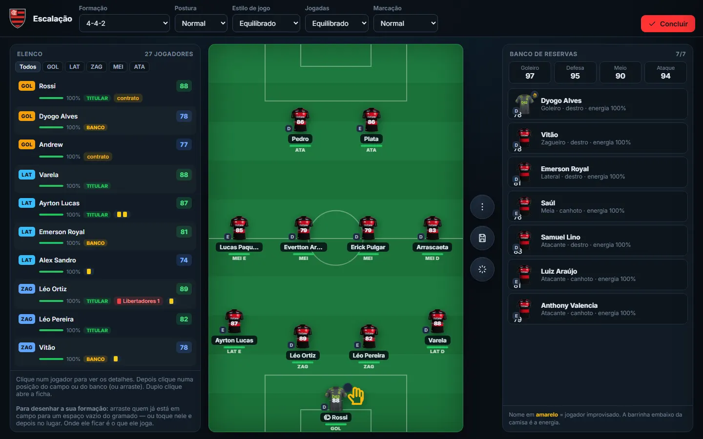 Escalação do time no campinho, com as camisas dos jogadores, no computador